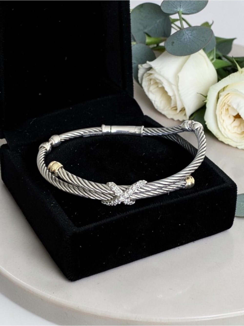 DAVID YURMAN X COLLECTION 750 925 SILVER AND DIAMOND CROSSOVER CABLE BRACELET